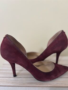 Michael Kors| Burgundy Leather Suede Side Peep Pointed Toe 3.5” Heels Pumps Sz 8